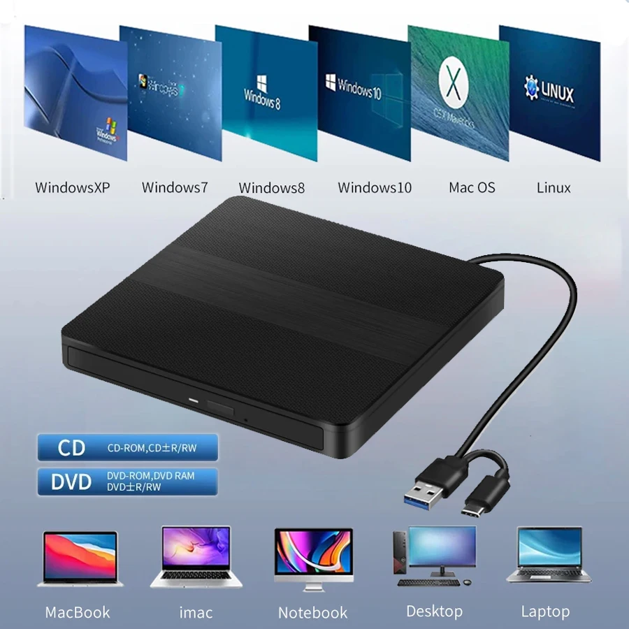 2-in-1 USB 3.0 TypeC Slim Externer DVD VCD CD-Player Schriftsteller Laufwerk Brenner Leser Optische Laufwerke für Laptop PC Notebook DVD-Brenner