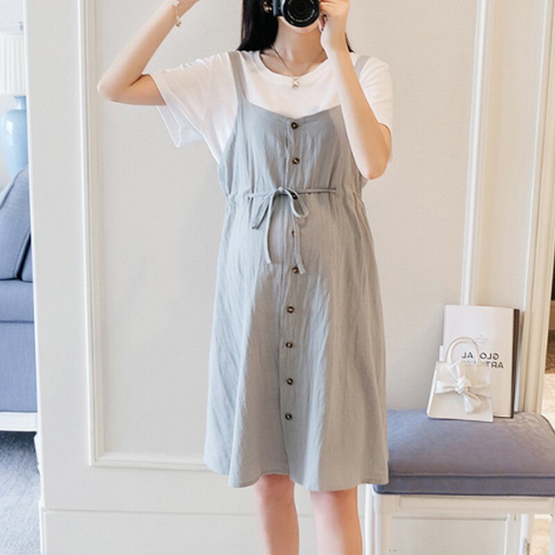 Plus Größe Mutterschaft Kleid Weiß T-Shirt + Leine Gurt Kleider Zwei Stück einstellen Sommer Kleidung für Frauen Solide farbe Schwangere Kleider: Grau / XXL