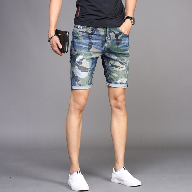 Shorts heren gescheurde denim camouflage jeans zomer dunne stretch rechte korte jeans streetwear knielange broek