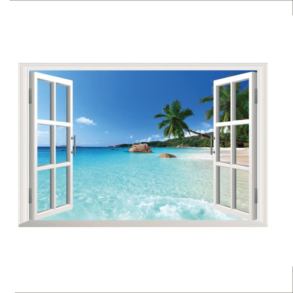 35.4"*23.6"ZY1430 Beach Resort 3D Window View Removable Wall Art Sticker Vinyl Decal Mural home decoration