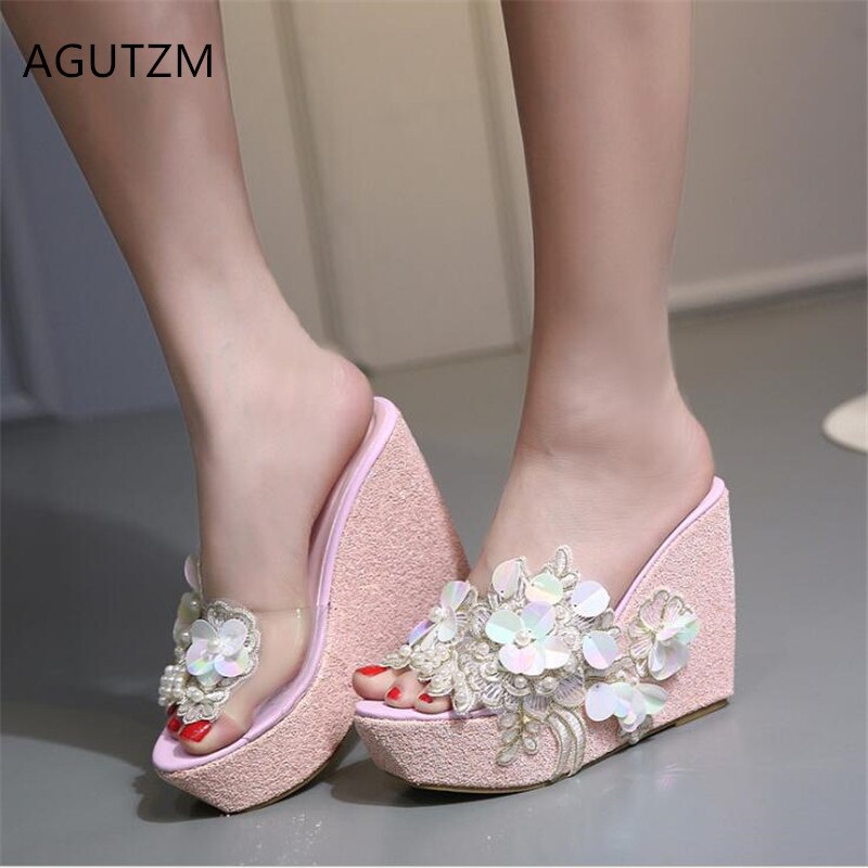 Zpxhsm zomer damesschoenen slippers zoete kralen bloemen hoge hakken mooie strass pumps casual schoenen  y191