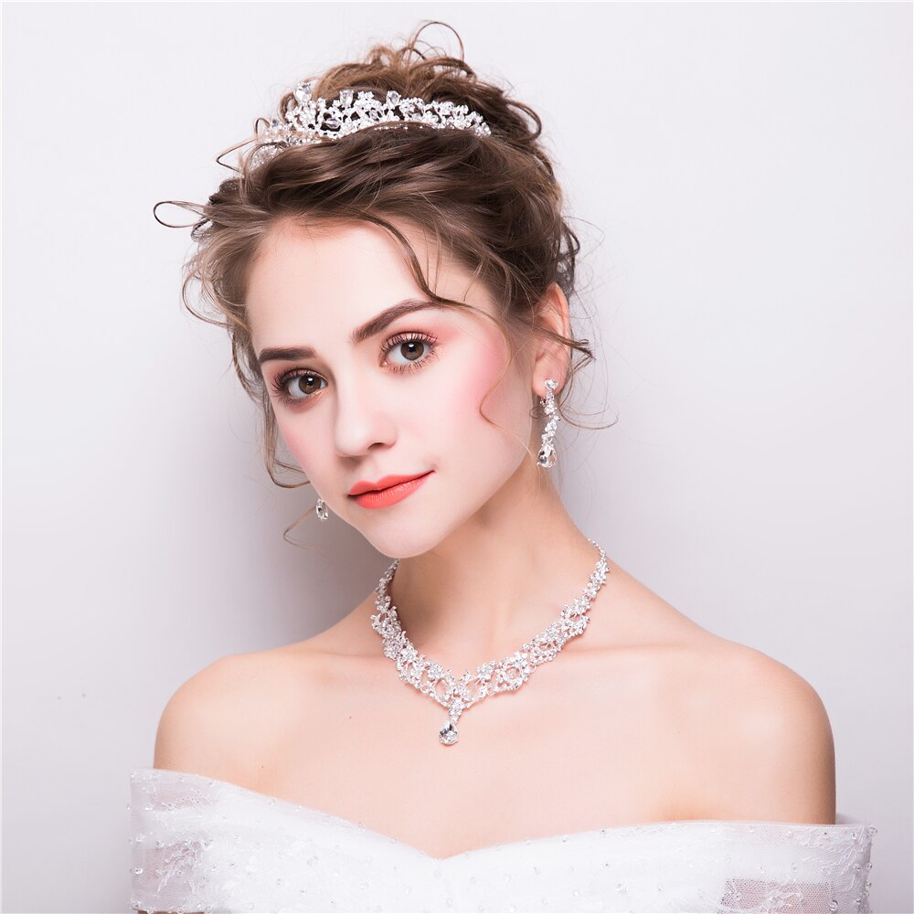 Koreanisch Strass Schmuck setzt Prinzessin Hochzeit Braut Halskette Anhänger Frauen Party Tiara Krone mit Baumeln Ohrringe Neue