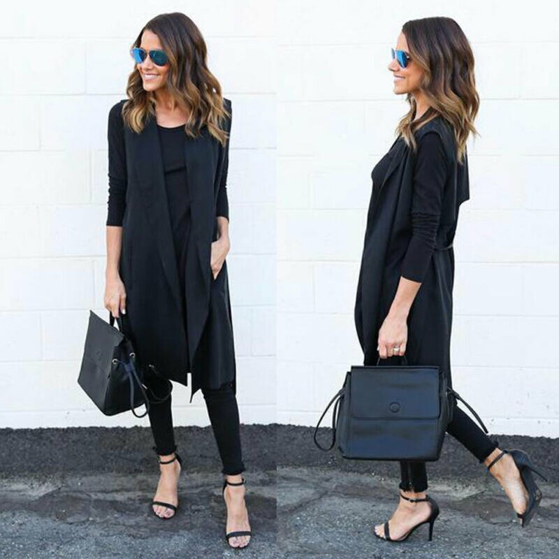 Autumn Womens Cardigan Solid Color Open Front Long Vest Cardigan Coat Blazer Office Sleeveless Work Jacket