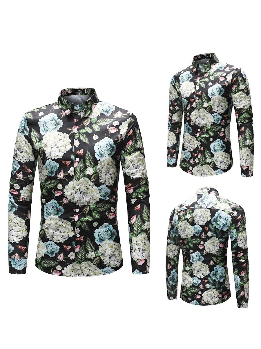 Mens Slim Fit Floral Shirt Casual Long Sleeve Dress Shirts Luxury Tops