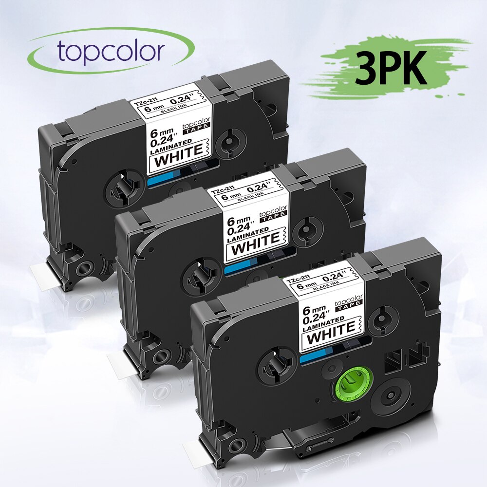 Topcolor 3Pcs Fit Brother P-Touch Label Printer Tze211 Tze-211 Tze 211 Tz211 Tape Zwart Op Wit 6Mm Label Maker PT1290