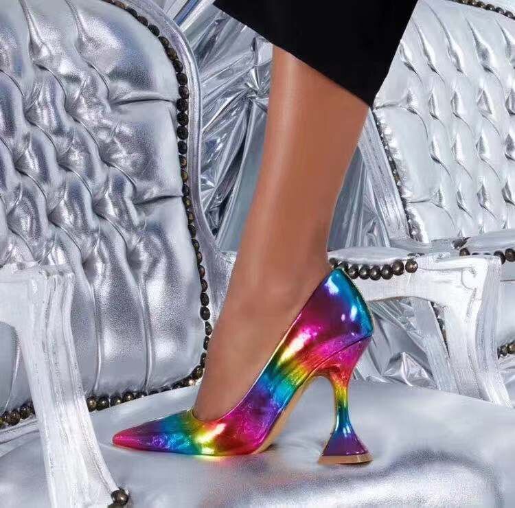 Echte foto kleurrijke regenboog bedrukte puntige neus vrouw dame vrouw 8cm hoge hakken pump