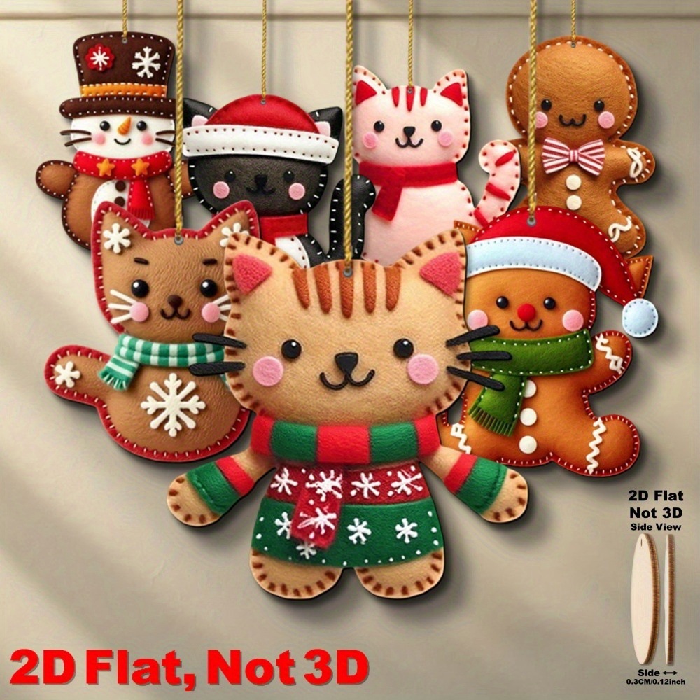 8 stks 2D Platte Peperkoek Krabpaal Toppers-Kerstornamenten met Opknoping Lus Kunstmatige Houten Decoratie voor Kerstboom