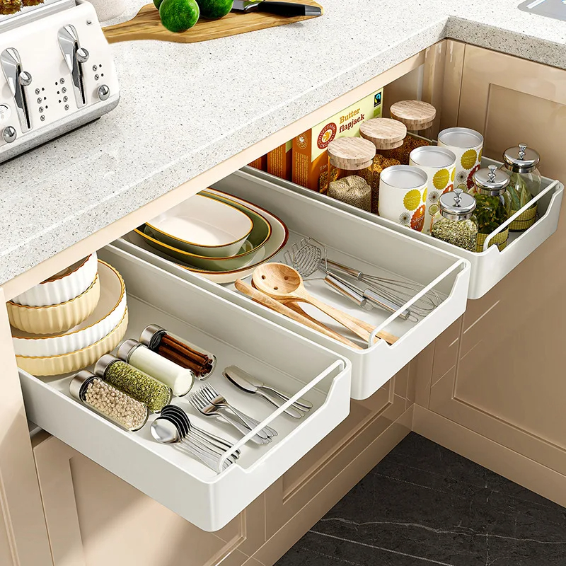 Kitchen Storage Box with Sliding Rail Pull-out Cabinet Storage Rack Spice Pantry Shelves Drawer Kitchen Organizer Basket