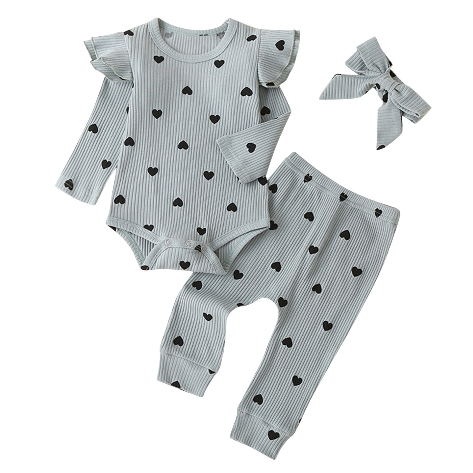 Kids Baby Kleding Meisjes Sets Peuter Kids Baby Meisjes Hart Print Solid Ruffle Romper + Broek + Hoofdbanden Outfits Комплекты одежды: Light blue / 18-24 Months
