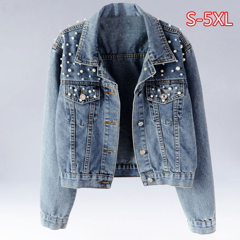 Plus size parel kralen korte denim jasjes 3xl 5xl dames wit gewassen lange mouwen vintage casual jeans jasje bomber denim jas