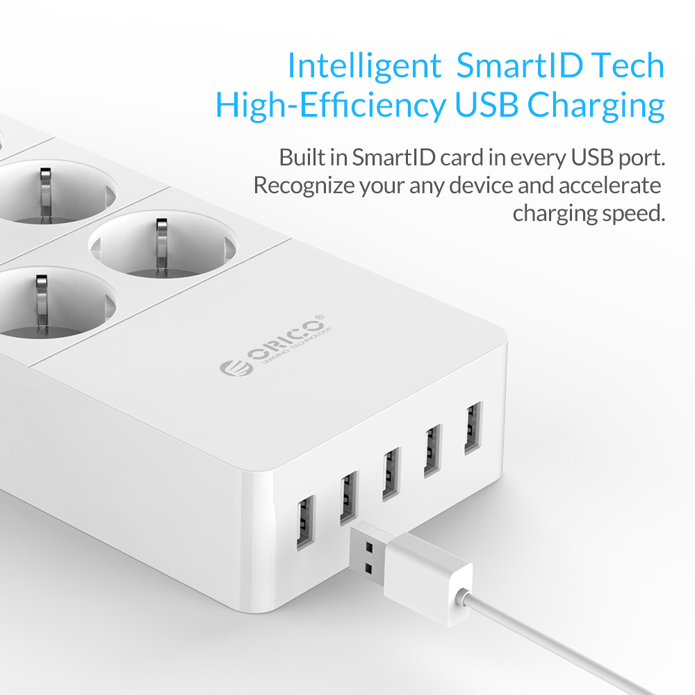 Orico Power Strip - 6 AC Outlets + 5 USB Ports - 4000W Surge Protector - 1.5m Cable - EU/US/UK Plug