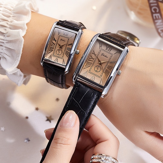 Mode Vierkante Paar Horloge Romeinse Cijfers Eenvoudige Stijl Paar Horloge Mannen En Vrouwen Casual Lederen Band Quartz Horloge Paar