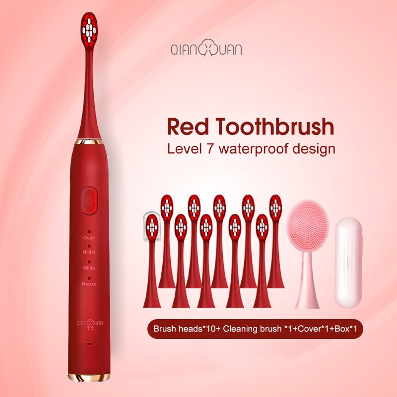 Electric Toothbrush Toothbrush Sonic Ultrasonic Brush IPX7 Waterproof Sonic Toothbrush Recharge Sterilization Anti-bacteria: Red package Three