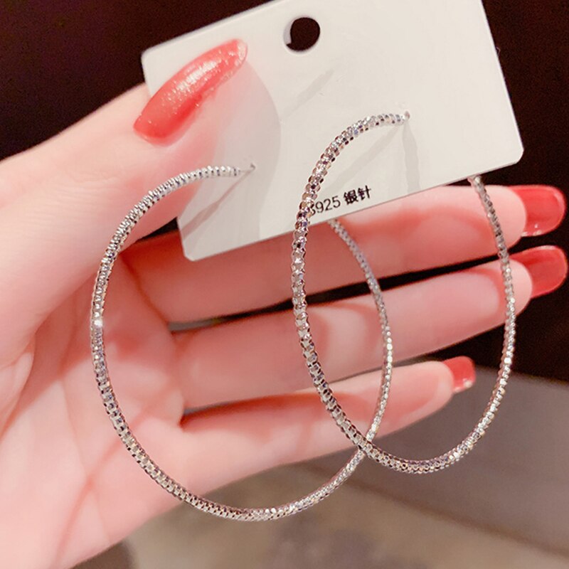 Overdreven Big Hoop Oorbellen Voor Vrouwen Grote Cirkel Shiny Rhinestone Oorbel Bruid Wedding Party Temperament Sieraden: Silver