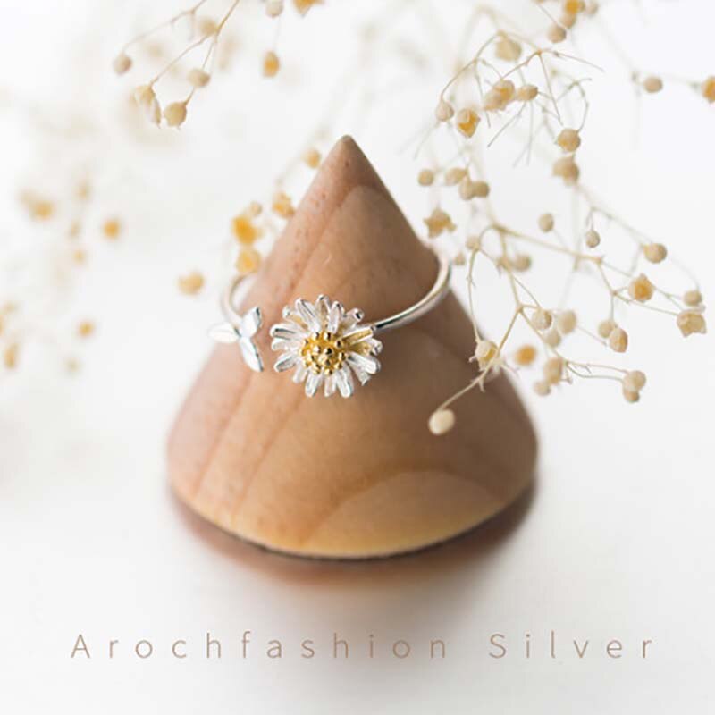 Leuke Kleine Daisy Ringen Voor Vrouwen Zilveren Kleur Bloem Met Blad Vormige Open Ring Verstelbare Size Sieraden Accessoires