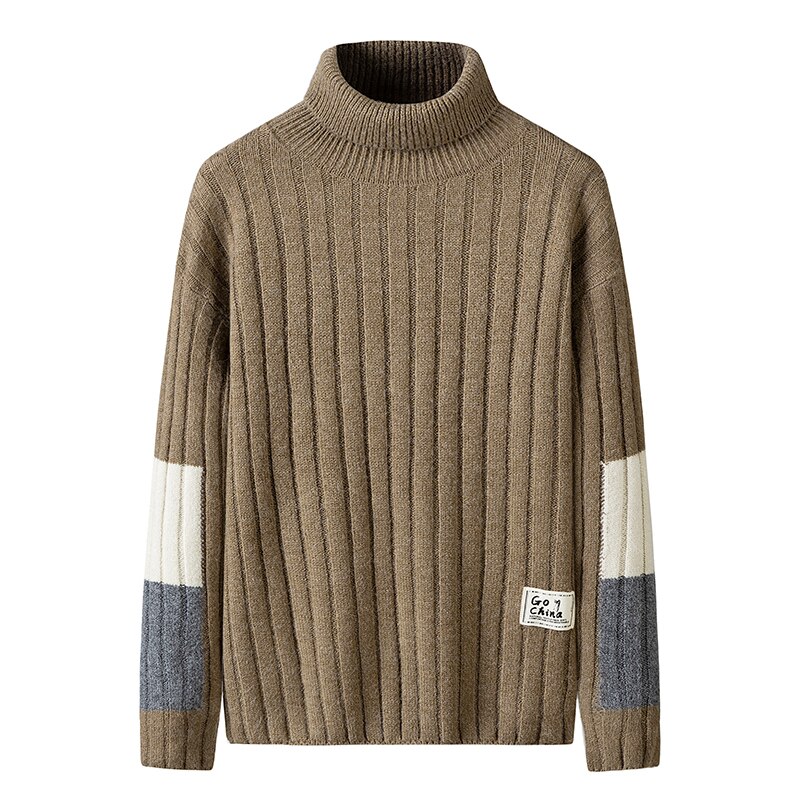 Huncher Heren Coltrui Mannen Slim Fit Herfst Winter Hoge Kraag Trui Koreaanse Patchwork Coltruien Zwarte Truien Voor Mannen: Khaki Sweater / Asian-3XL