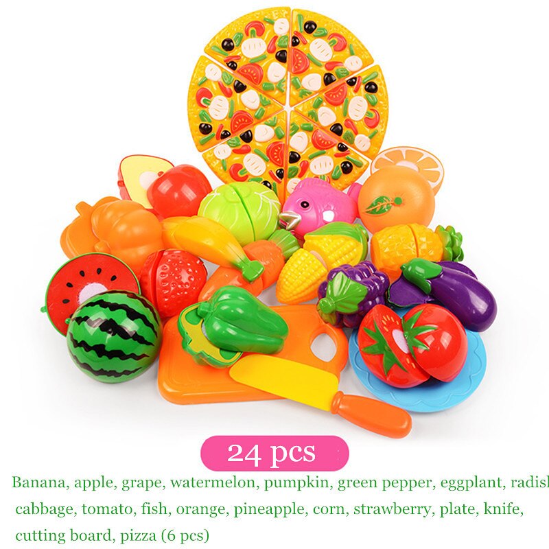 children kitchen toys Plastic fruits and vegetables toys cutting veget fruit toy Pretend Play food pizza kitchen kids toys: 24 PCS