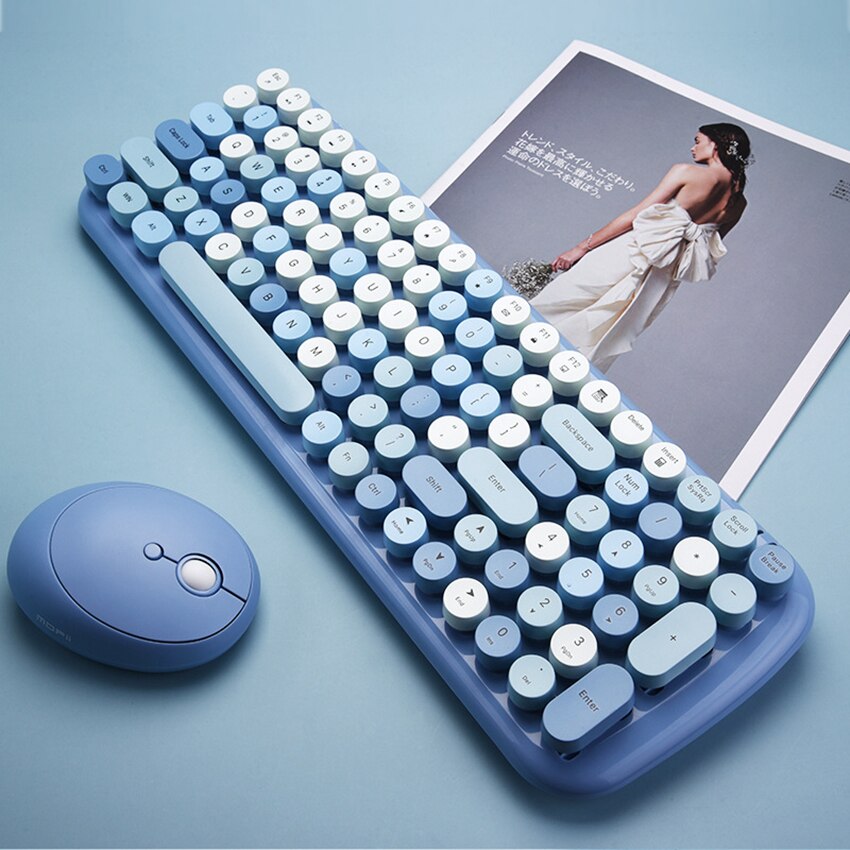 Wireless Keyboard and Mouse Combo Round Mix Keycaps office PC Keyboards and Mouse Set for Girl Computer Laptop Game: Blue