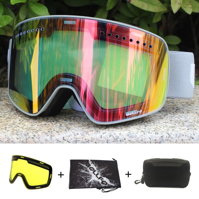 Magnetisk dobbeltlags linse skibriller masker antidugg  uv400 snowboardbriller skibriller briller for menn kvinner med etui: Grå rød linse