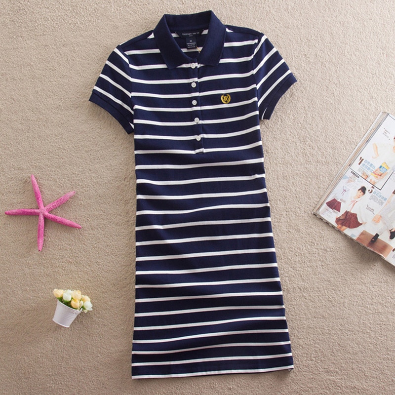 Borduren Gestreepte Polo Print Party Casual Jurken De Festa T-shirt Femme Zomer Sexy Club Avond Robe Vrouwen Ete vestidos