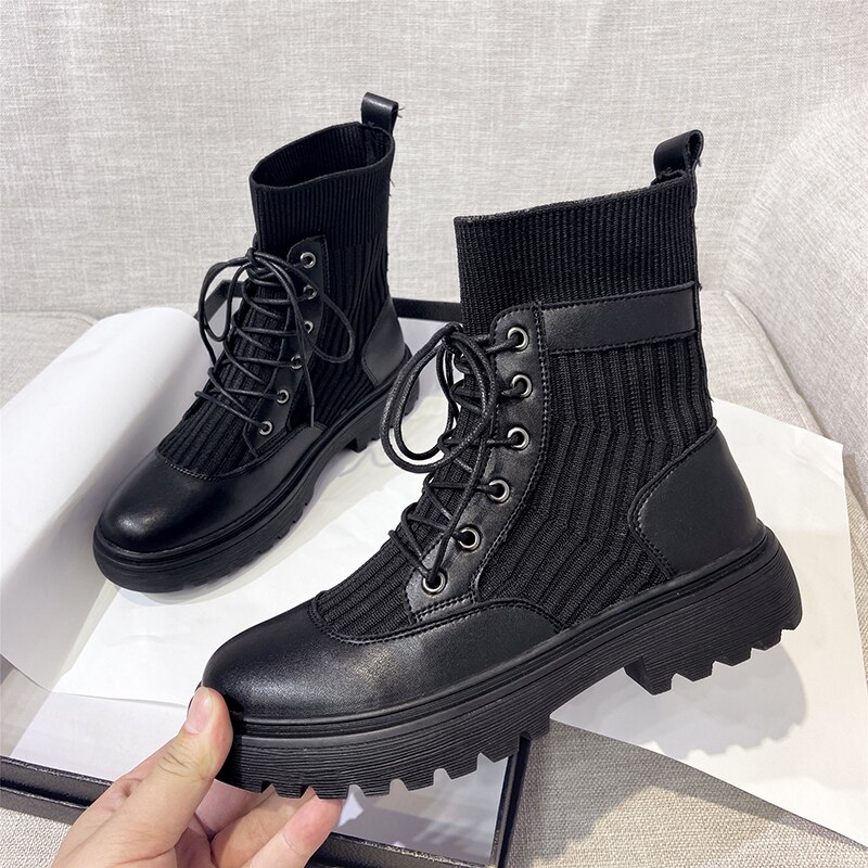 STQ – bottines de moto en cuir souple fendu pour femme, chaussures Punk noires, automne-hiver , 7152