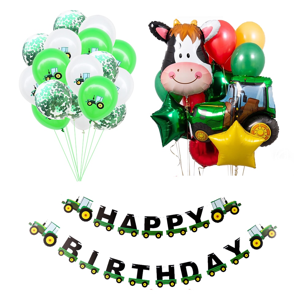 1 Set Of Farm Green Theme Engineering Car Happy Birthday Banner Tractor Party Decoration Truck Excavator Balloon Cake Topper