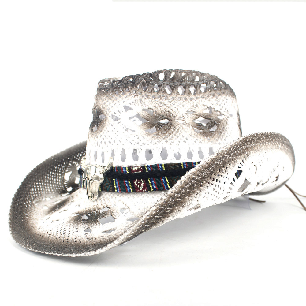 Retro kvinder mænd halm hule vestlige cowboy hat dame håndlavet sombrero hombre strand cowgirl jazz sol hat størrelse 56-58cm: Hvid