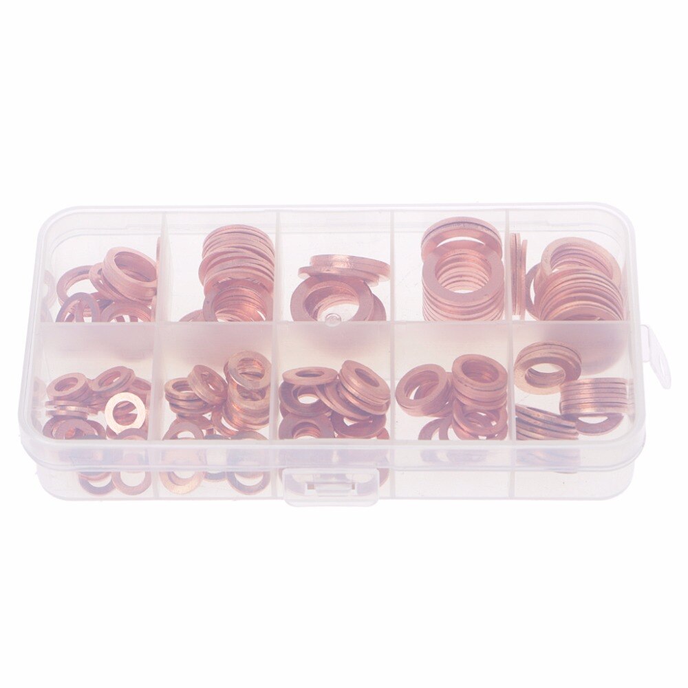 200 Stuks Koperen Ringen Pakking Set 9 Maten Platte Ring Seal Kit Met Plastic Doos