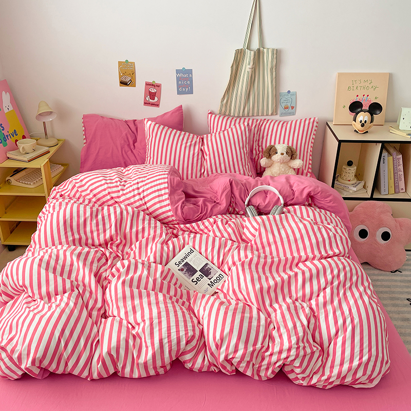 Gestreifte Bettwäsche, Bettbezug-einstellen mit Kissenbezug, Bettlaken, Einzelbett, Bettwäsche, Bettbezug-einstellen, Königin-/König-Doppelbett, Einzelbett: Königin / WEISS