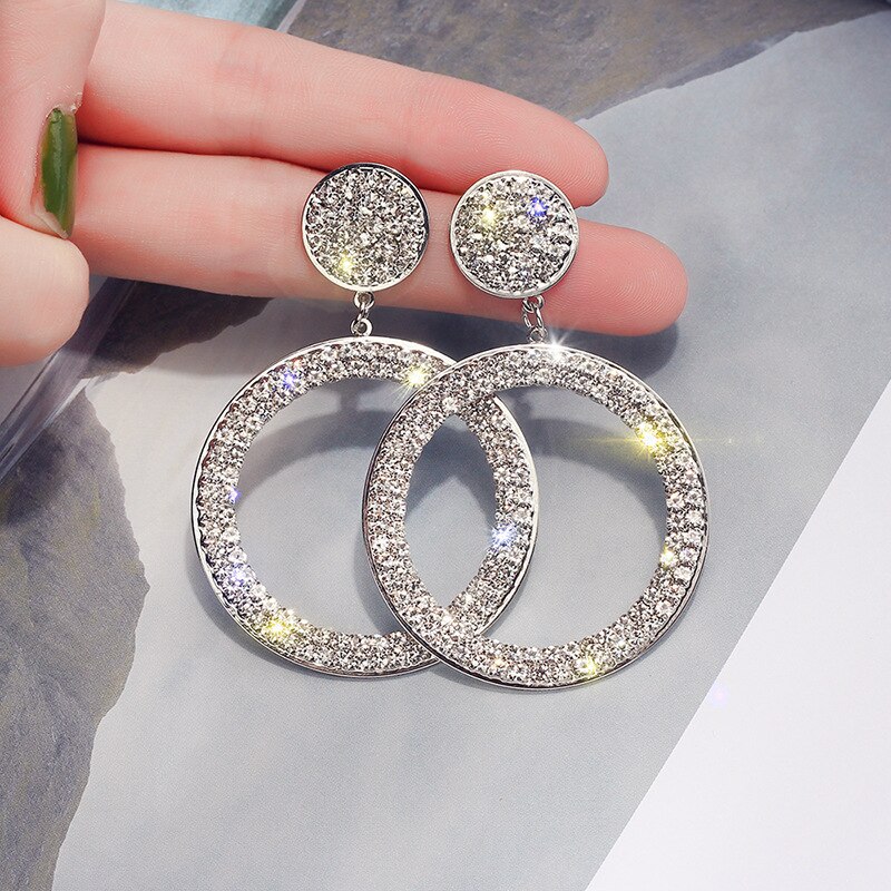 Echte Pure 925 Sterling Zilveren Naald Lange Dangle Oorbellen Voor Vrouwen Sieraden Ronde Strass Vrouwelijke Oorbellen Bijoux