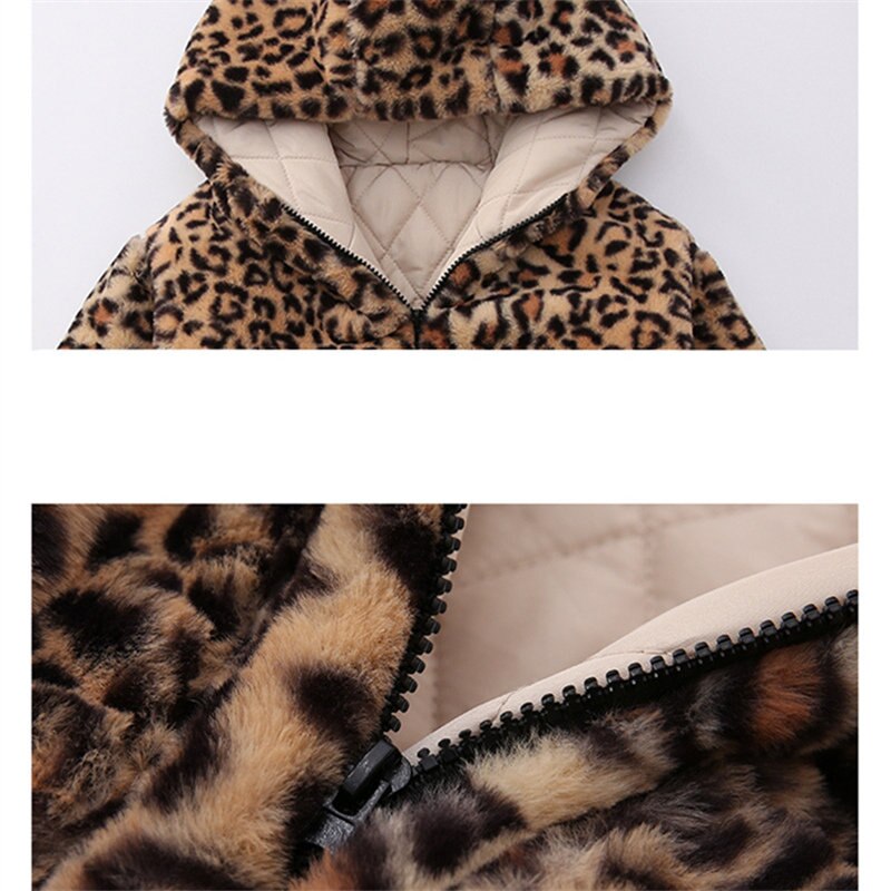 Piger vinter uld jakke frakke print leopard baby tøj til piger pels med hætte varme børnetøj