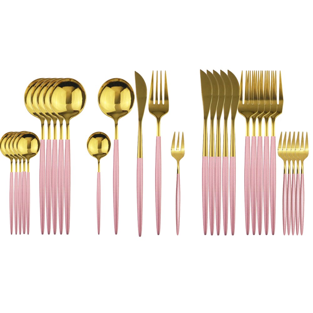 JANKNG – service de vaisselle noire, 30 pièces, fourchette à gâteau aux fruits, couteau en acier inoxydable, argenterie, couverts miroirs, service de table: Pink Gold