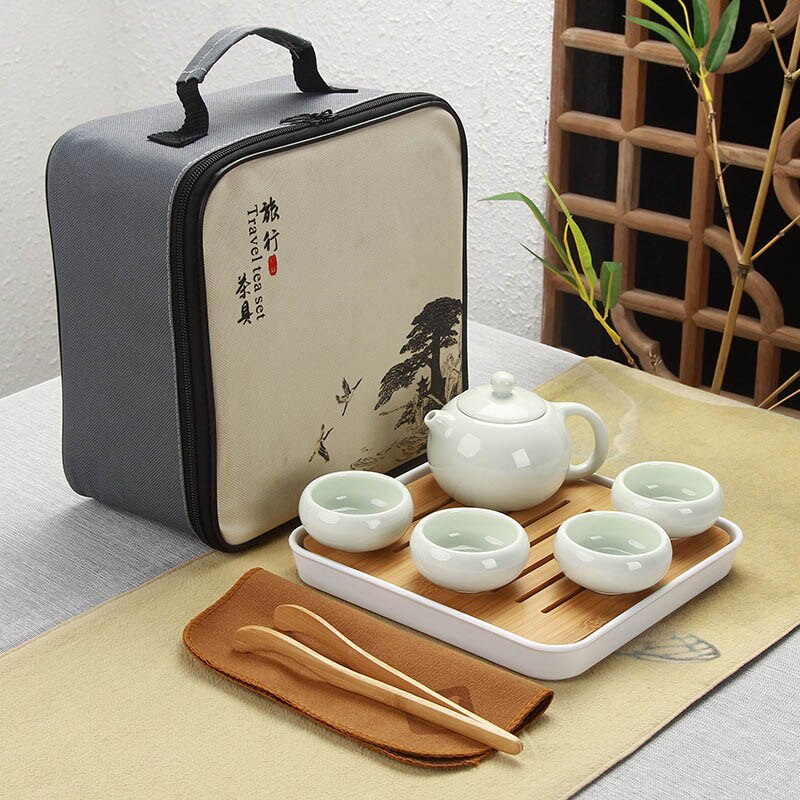 Kinesisk rejse kung fu te sæt keramisk bærbar matcha sæt tekande porcelæn teaset gaiwan te kopper tekande med rejsetaske: 6