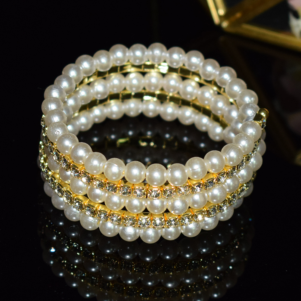 Elegante braccialetto di perle di cristallo multistrato estensibile braccialetto di perle per le donne polsini braccialetti strass gioielli da sposa Accessori: SL-1030-gold