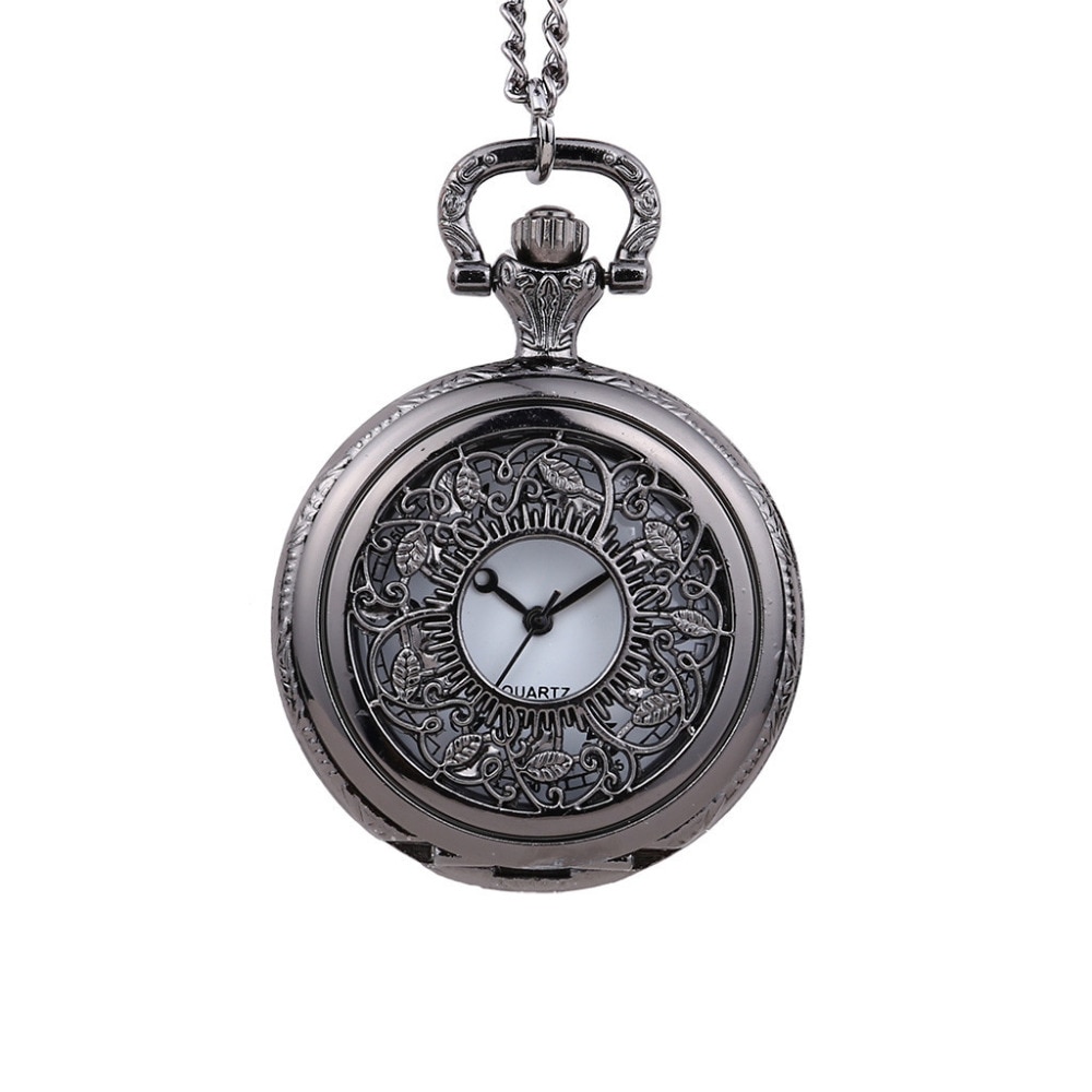 Gladde zwarte/zilveren kast quartz zakhorloge, volledig jachtdoos dames heren fob horloge klok relogio de bolso  #4 m 14