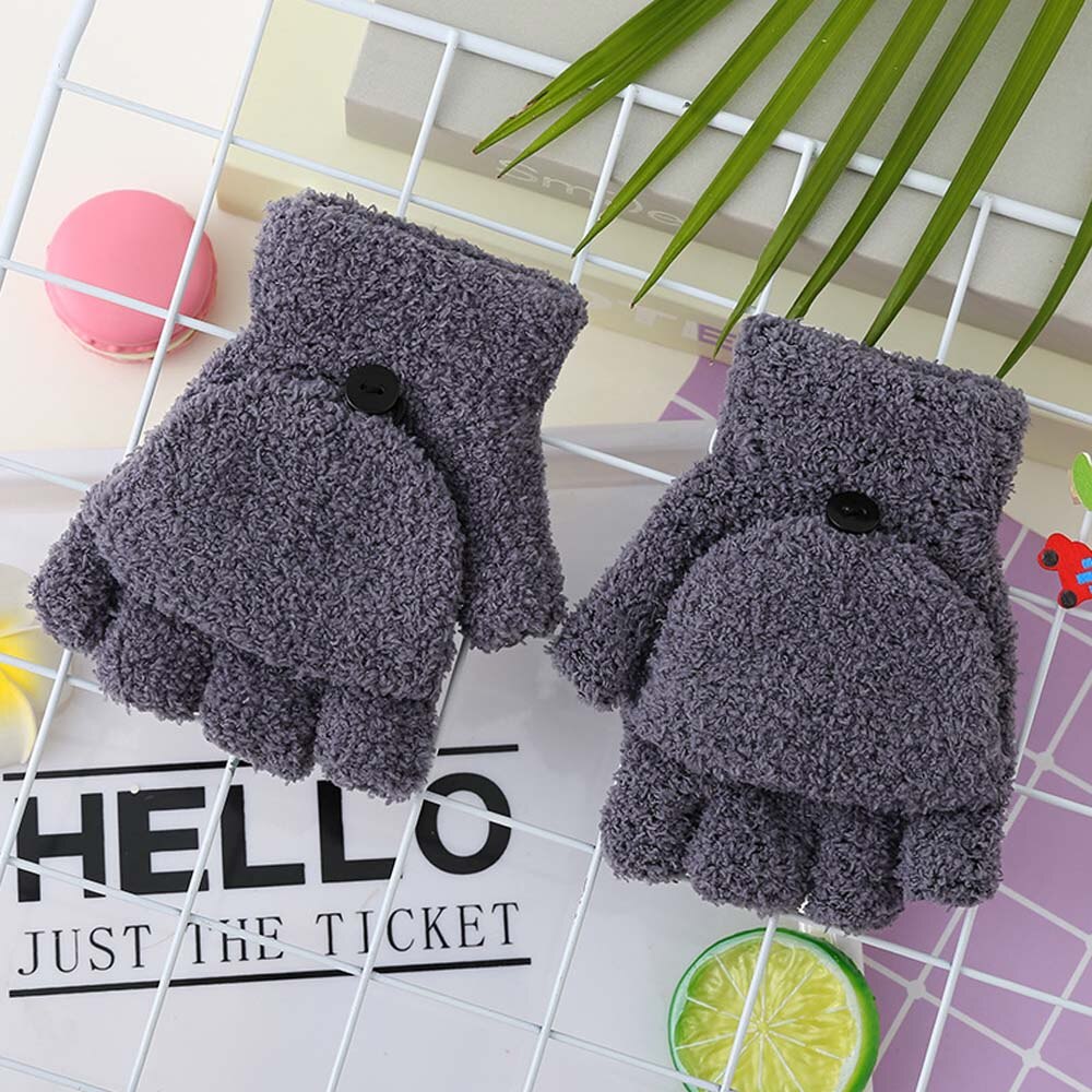 Kids Coral Fleece Dikker Half Vinger Flap Baby Handschoenen Winter Warm Houden Kinderen Kids Handschoenen Zachte Handschoenen Opvouwbare Wanten: grey