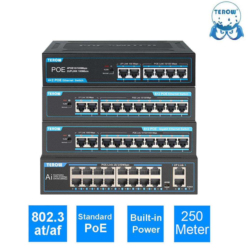 Terow switch poe 4/8/16 portas 100/1000 mbps rede gigabit ethernet 802.3 af/at vlan rj45 switch para câmera ip/ap sem fio/nrv