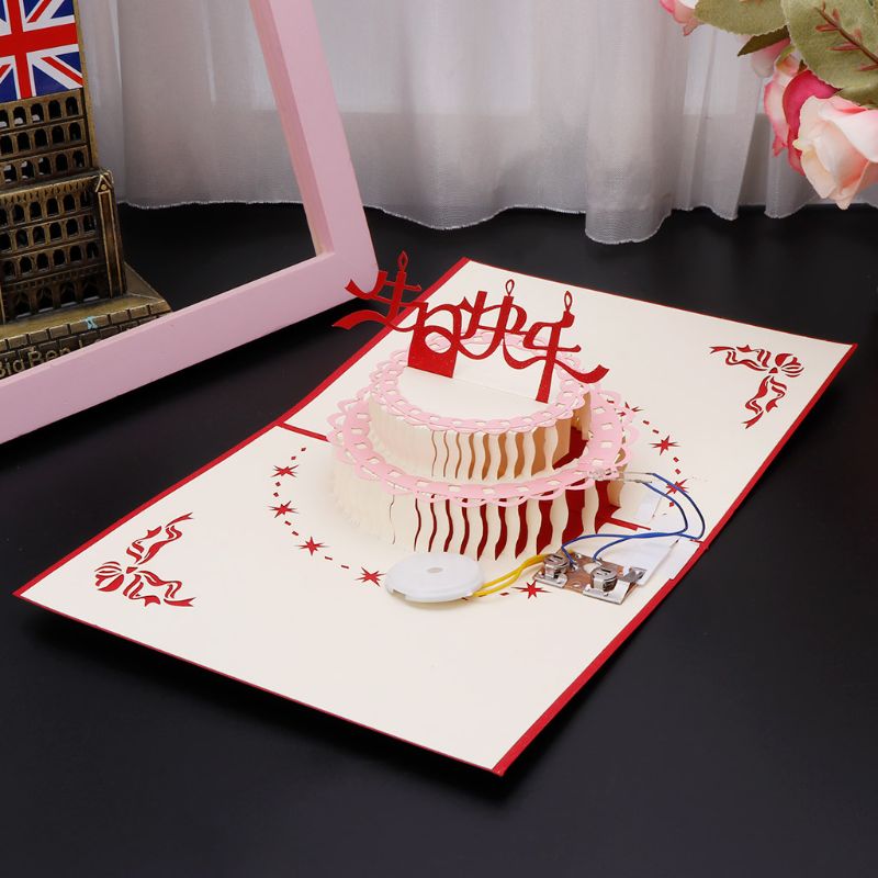 3d pop up cartão feliz aniversário bolo música led cartão com envelope novo