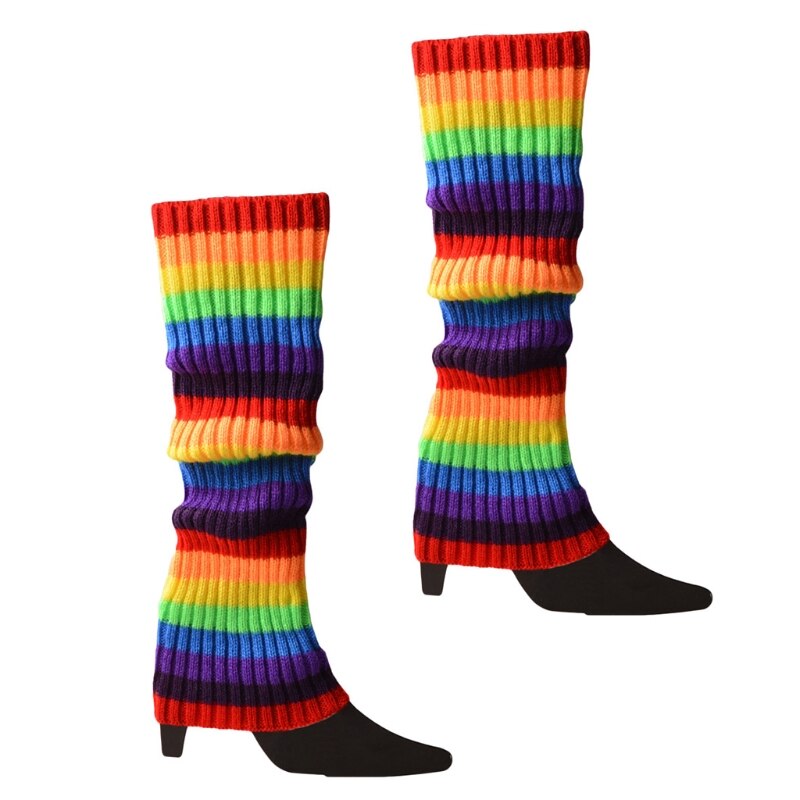 Women Vintage 80s Ribbed Knitted Leg Warmers Fluorescent Color Crochet Long Boot Socks Stockings for Party Dance Yoga: C