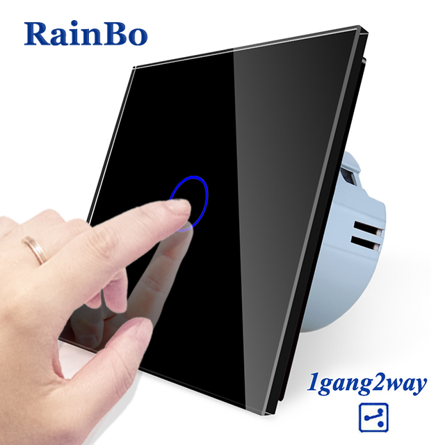 RainBo -Kristal Glas-Panel muur-schakelaar EU-Standaard 110 ~ 250V Touch-Schakelaar screen-Wall Light-Schakelaar 1gang-2way A1912CW/B: Black