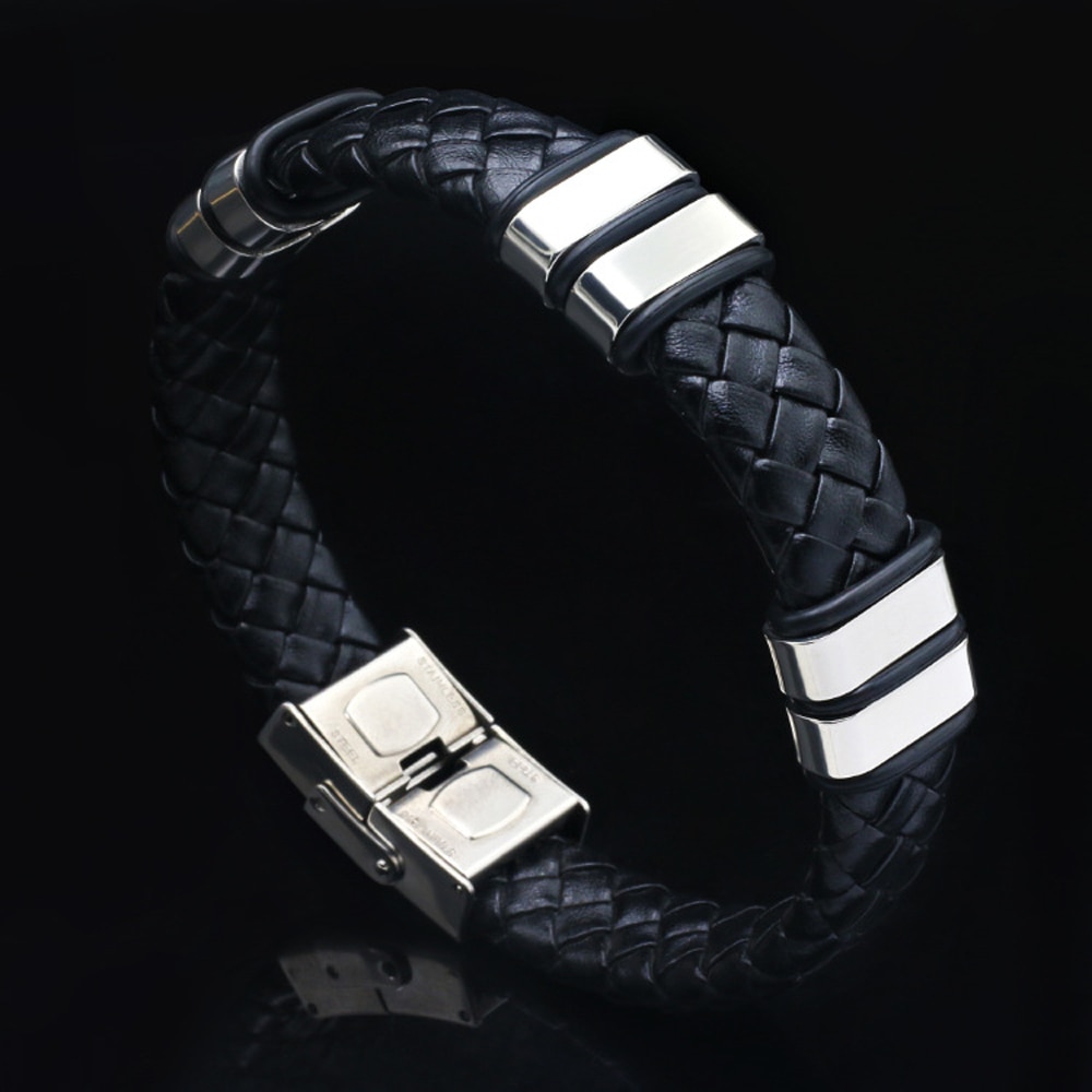 Pulseras Hombre Mode-sieraden Vintage Zwart Lederen Polsband Silicone Rvs Heren Armbanden Armbanden Voor Vrouwen
