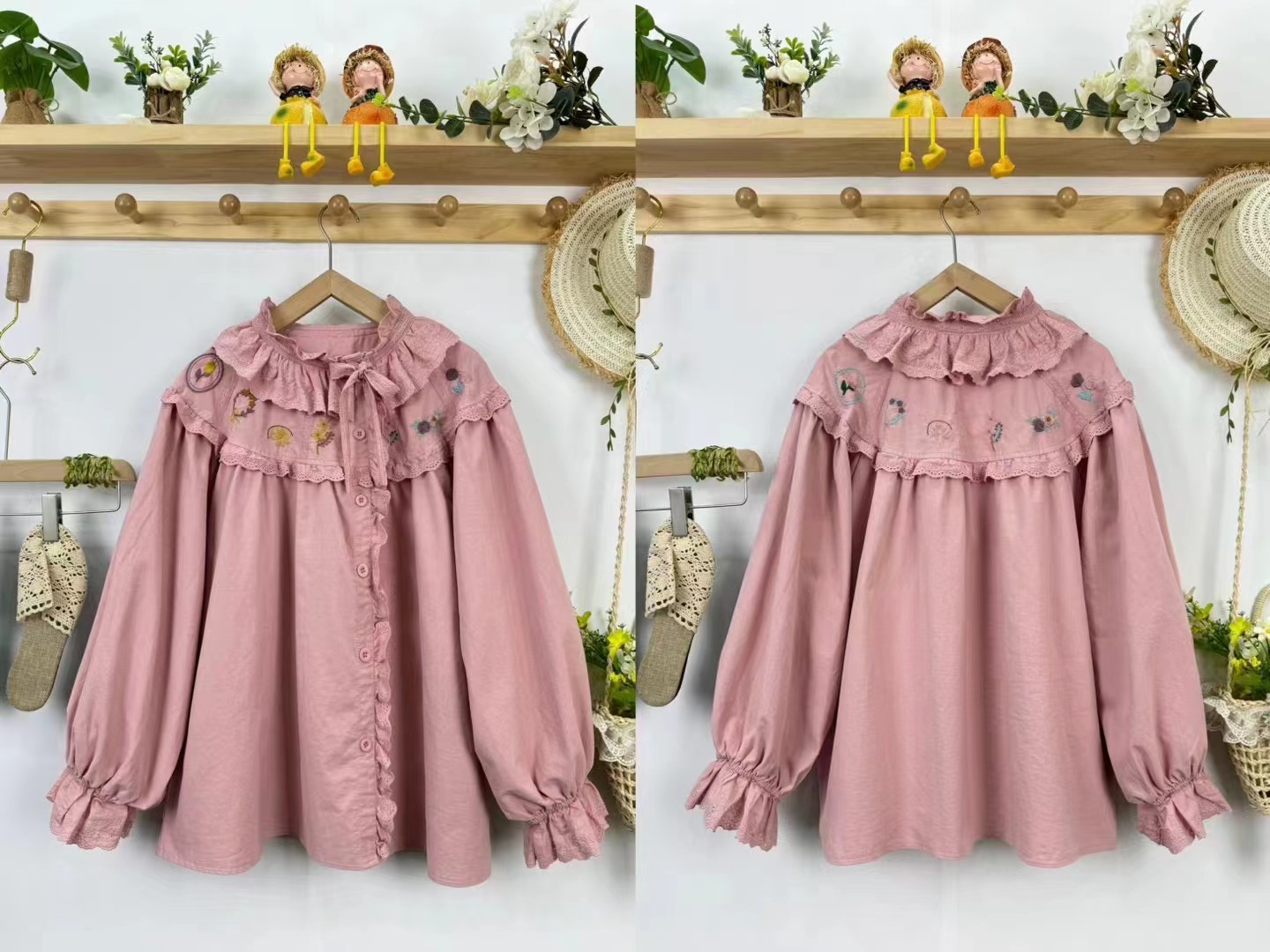 Spring Cotton Casual Long Sleeve Shirt Women Stand Neck Embroidery Top Girl Loose Sweet Blouses Summer T45852QM: Pink