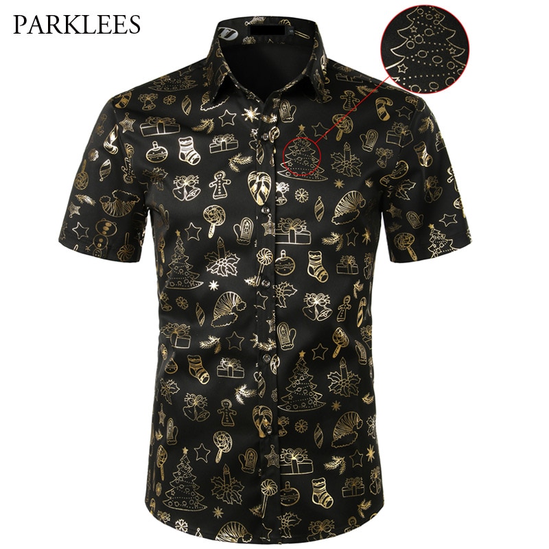 Zwarte heren kerstoverhemd casual slim fit kerstprint heren overhemden korte mouwen overhemd met knoopjes chemise heren top blouses