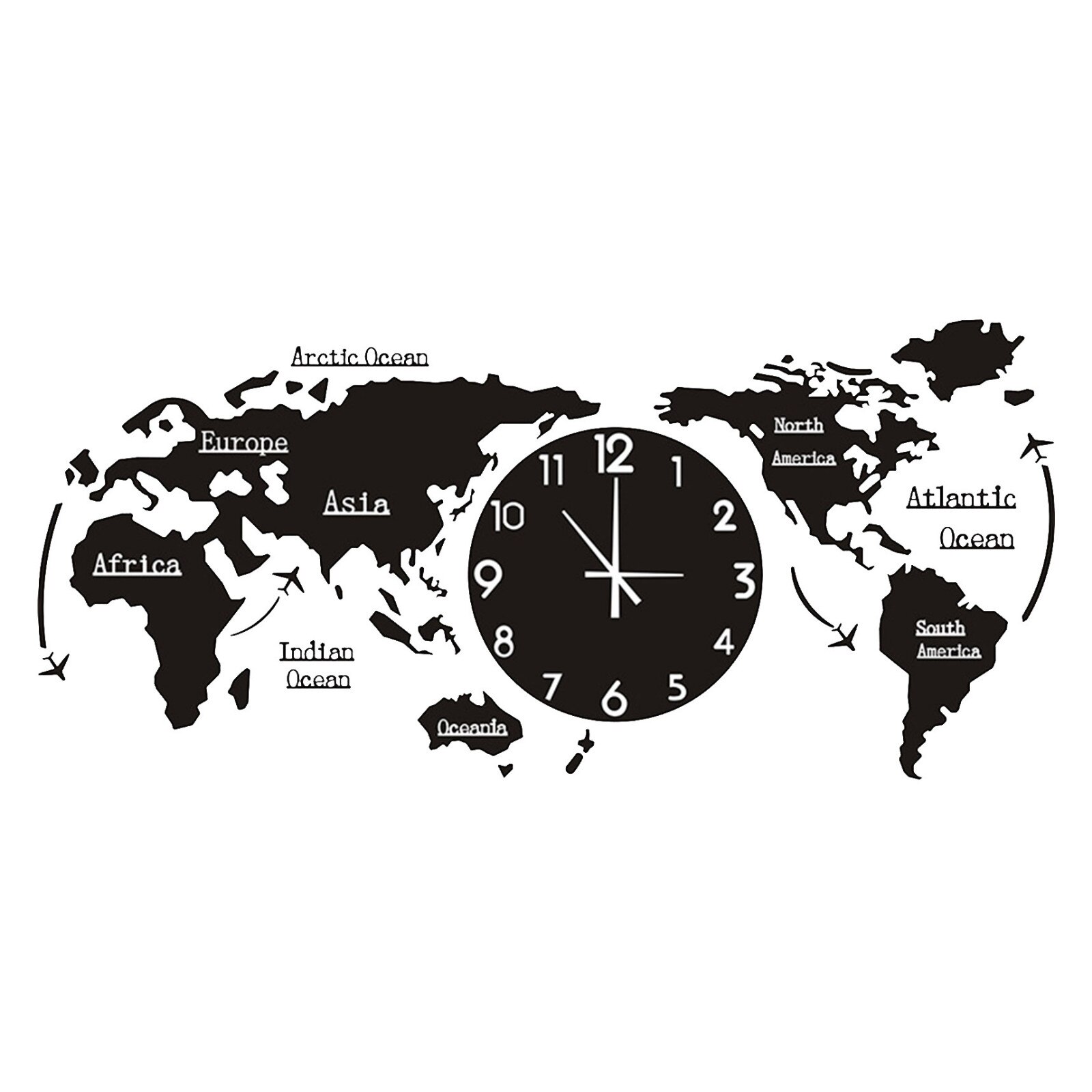 Punch-free DIY Black Acrylic World Map Large Wall Clock Modern Desgin Stickers Silent Watch Home Living Room Kitchen Decorarion: black
