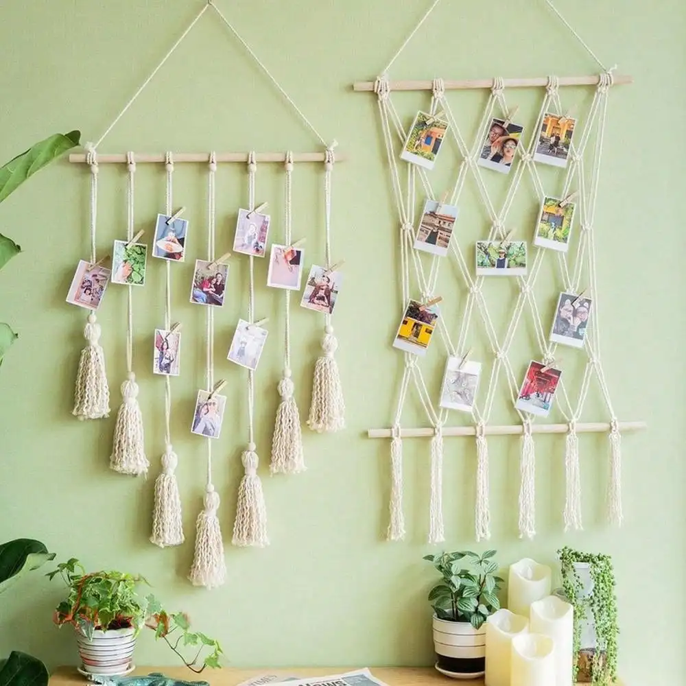Bohemian Photo Wall Material Kit with 10 Clips, Tapestry Handmade Rope Photo Decoration Wall Hanging Birthday Graduation