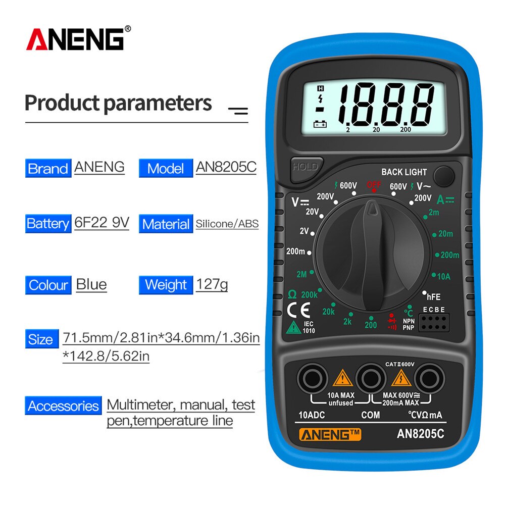 Xiaomi ANENG AN8205C Digital Multimeter AC/DC Ammeter Volt Ohm Tester Meter Multimetro With Thermocouple LCD Backlight Portable