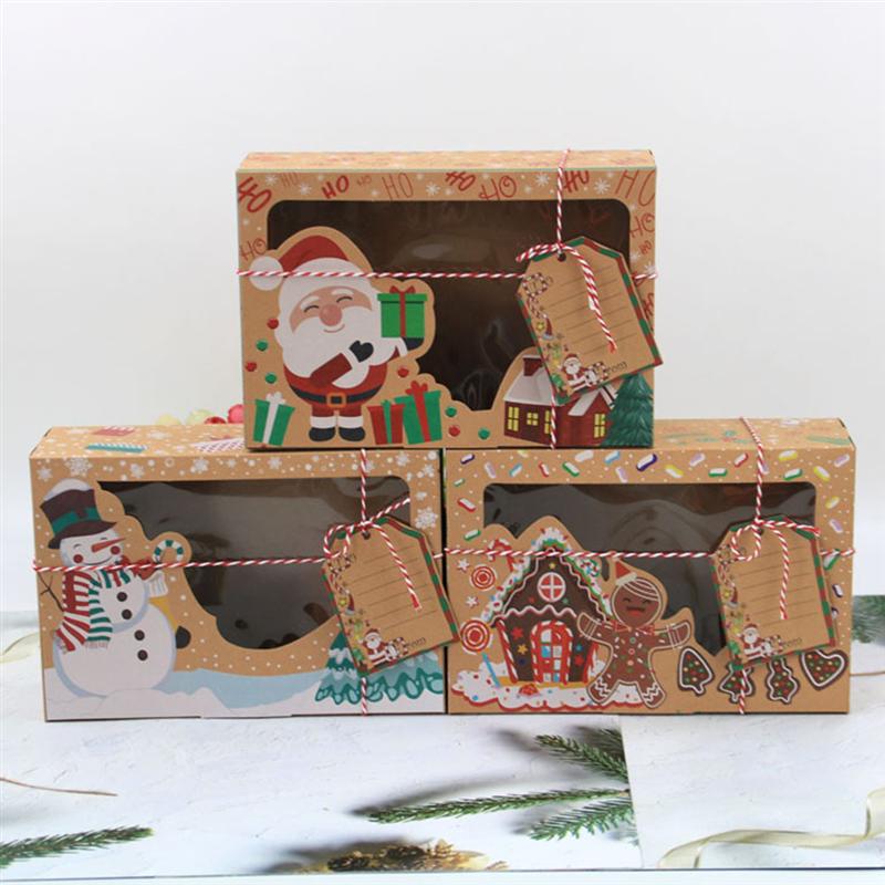 Christmas Packing Boxes Gingerbread Boxes Kraft Paper Candy Storage Boxes PVC Window Biscuit Boxes for Party Mall Store Xmas