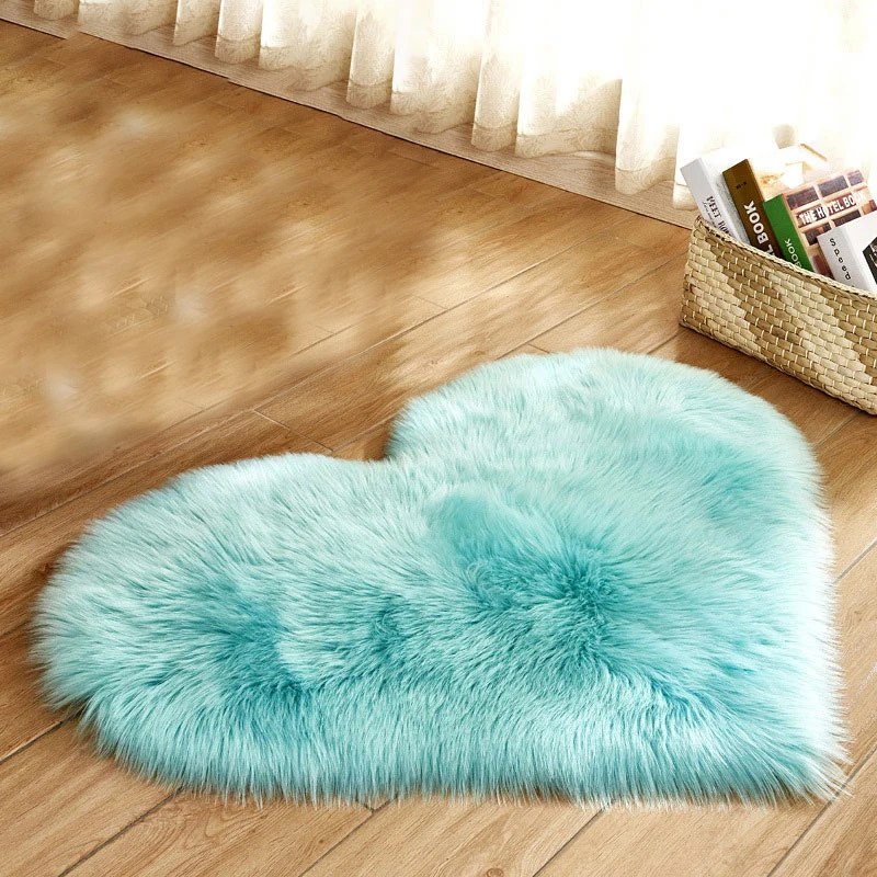 Alfombra peluda larga, alfombra peluda azul, blanca y rosa, alfombras de piel con forma de corazón, lana suave Artificial, piel de oveja, alfombra para puerta de dormitorio y habitación de bebé