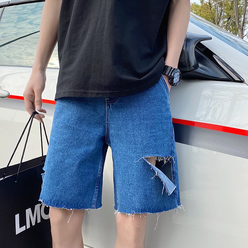 Lappster sommar herr gratis bälte hål jeans shorts herr streetwear hip hop jeansshorts fritidsmode harajuku joggingbyxor: Mörkblå / Xxl