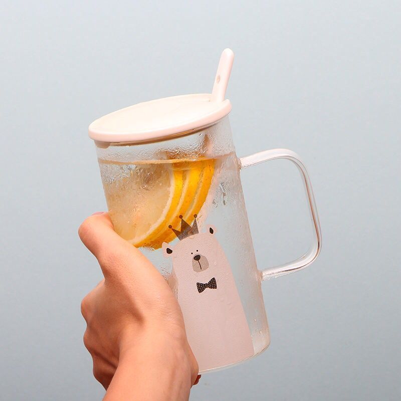 High borosilicate glass Glass Cup Bear Pattern Transparent Glass Bottle Drinking tea cup with Straw with Lid Cute Large Capacity